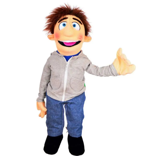 The Living Puppets Mr Sunday 65cm Hand Puppet features brown hair, blue eyes, a big smile, and wears a gray zip-up hoodie, blue jeans, and black shoes. One arm is raised in a wave—perfect for interactive play.