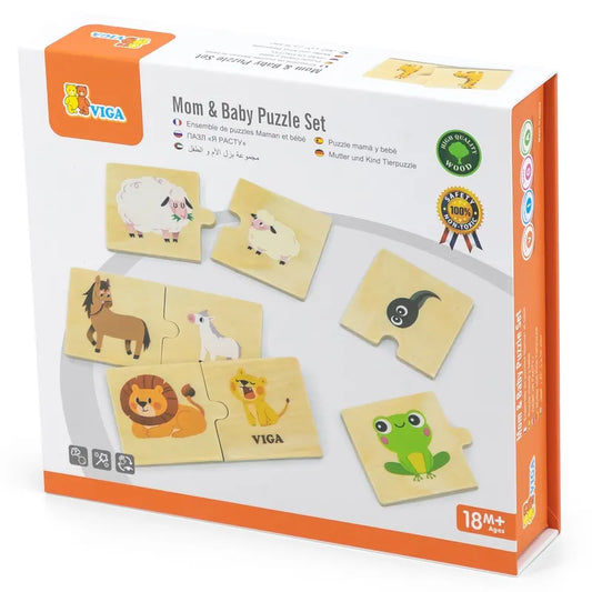 The "Mom & Baby Puzzle Set" designed by Viga for children 18 months and older includes delightful wooden puzzle pieces depicting animal parents such as horses, lions, and penguins. Its award-winning design promotes imaginative play and is presented in multilingual packaging.