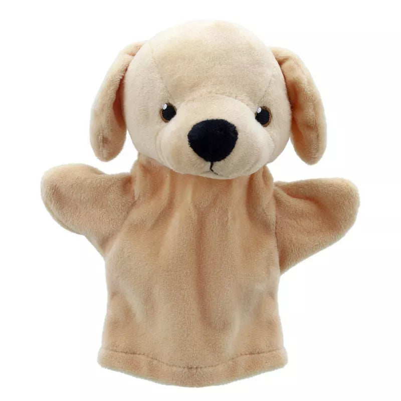 A kid-friendly Labrador puppet for puppet shows on a white background.