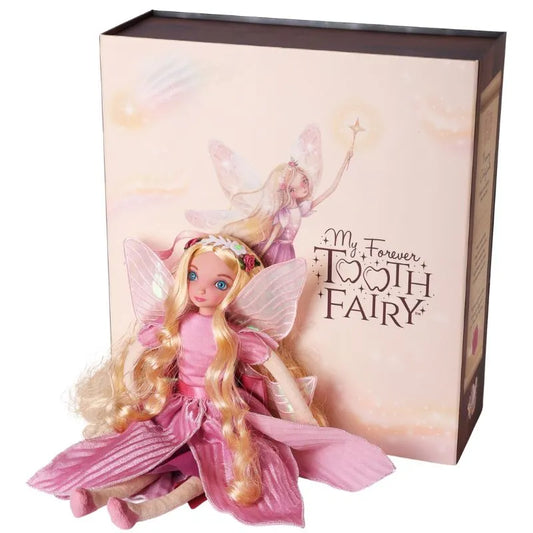 The My Forever Tooth Fairy Gift Set features a Tooth Fairy Doll beside a charming gift box, perfect for safeguarding a cherished lost tooth.