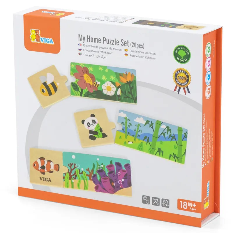 Explore the "My Home Puzzle Set" by Viga, a charming wooden puzzle suitable for children aged 18 months and older. It comes in a magnet flip box and showcases creative illustrations of animals such as a bee, panda, fish, and plant. The set includes 20 captivating puzzle pieces.