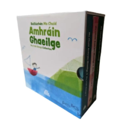 A box set called "Bailiúchán Mo Chuid Amhráin Ghaeilge" from the My Irish Books series, featuring Irish text and art of a child in a red boat with birds. Three Irish children's song books are shown on the right side of the box.
