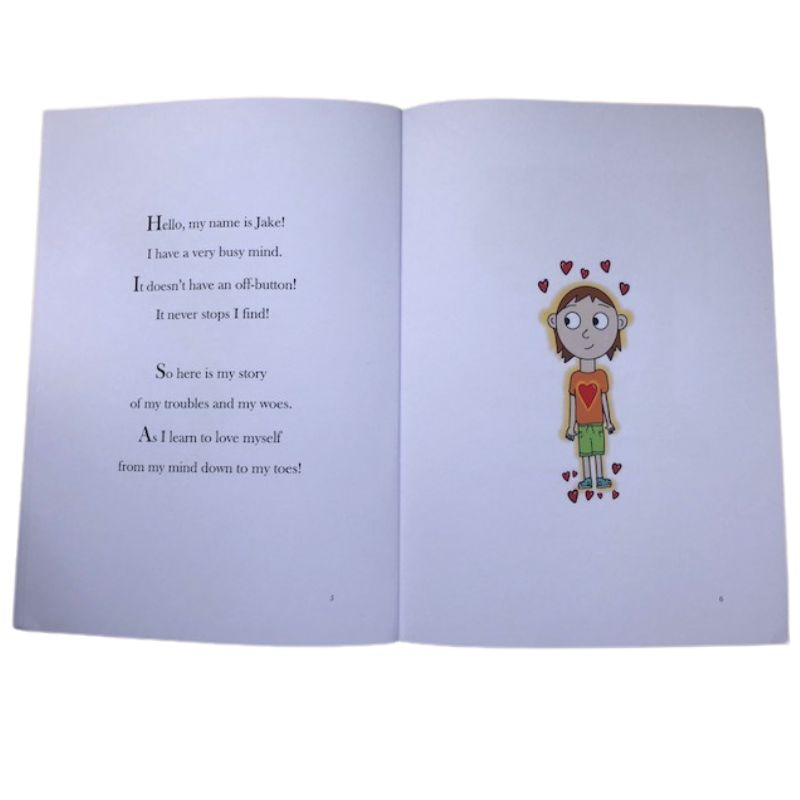 An open book displaying a short rhyming poem about a character named Jake who has a busy mind and is learning self-compassion. An illustration of Jake, a cartoon character with heart symbols around his head, is on the right page. This charming children's book, My Busy Popcorn Mind, promotes mindfulness and self-love.