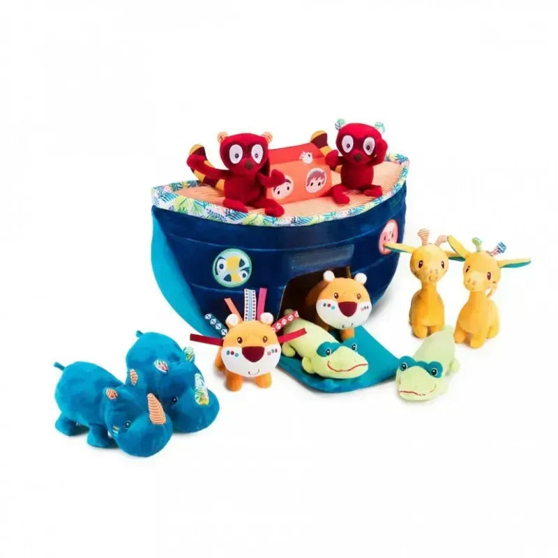 Introducing the Lilliputiens My First Noah's Ark, a vibrant toy set that includes an array of soft animal characters: two red monkeys, two yellow giraffes, two green crocodiles, two blue hippos, and two orange lions. These charming animals are arranged around a blue toy boat featuring a red roof decorated with cute animal faces. Perfect for toddlers!