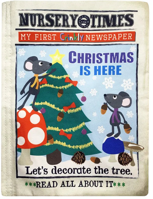 The Crinkly Cloth Book Christmas Mice is a colorful fabric children’s book cover showing mice decorating a tree with acorns. It reads, “NURSERY TIMES,” “Christmas is here,” and “Let’s decorate the tree.” Perfect baby gift!.