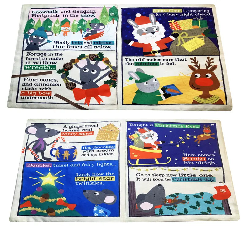 Crinkly Cloth Book Christmas Mice features four illustrated, crinkly pages showing animals preparing for Christmas with decorations, snowy scenes, and festive activities—perfect as a holiday baby gift.