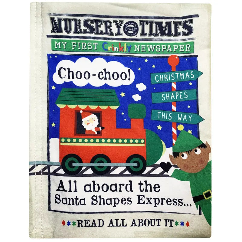 The “Crinkly Cloth Book Christmas Shapes” cover features Santa’s Express train, a “Christmas Shapes This Way” signpost, and an elf waving on a snowy night for a festive children’s holiday read.