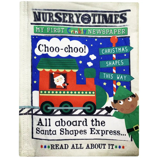 The “Crinkly Cloth Book Christmas Shapes” cover features Santa’s Express train, a “Christmas Shapes This Way” signpost, and an elf waving on a snowy night for a festive children’s holiday read.