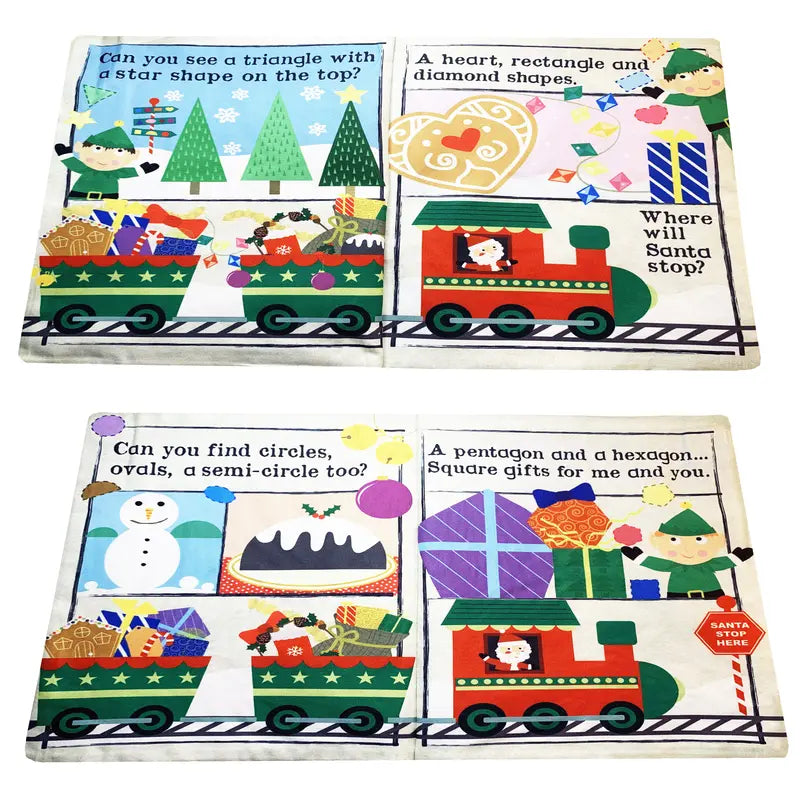The Crinkly Cloth Book Christmas Shapes features Santa’s Express train with gifts and characters, inviting children to identify shapes in festive scenes—perfect for interactive holiday fun as a baby book or crinkly cloth book.