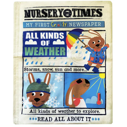 The "Crinkly Cloth Book All Kinds Of Weather" is a colorful sensory baby book with cartoon rabbits, crinkly pages, and playful scenes featuring rain, sun, snow, and umbrellas—perfect for exploring different kinds of weather.