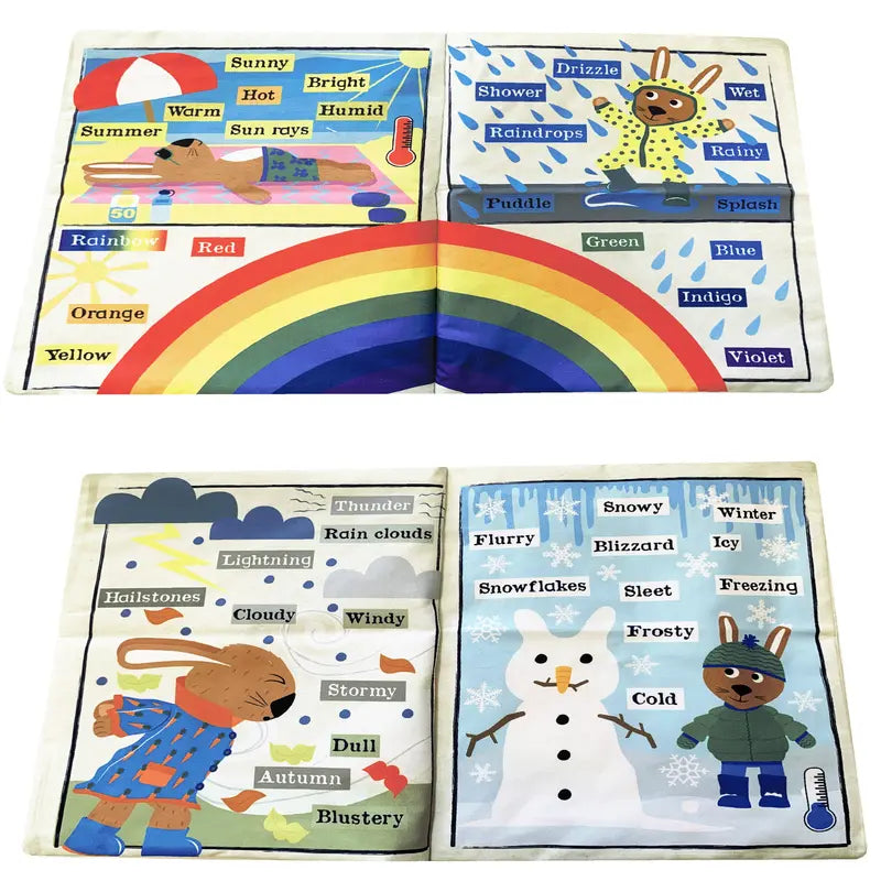 The Crinkly Cloth Book All Kinds Of Weather features rainbows, a rabbit in rain gear, and animals in winter clothes, with labels like "Sunny," "Rainy," and bright colors—ideal for sensory exploration and early learning.