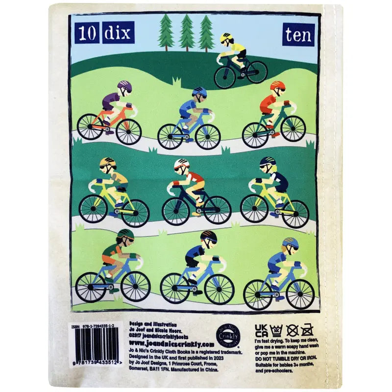 Crinkly Cloth Book Count To 10 In French: Ten cyclists ride a winding path among green hills and pine trees. Features "dix" and "ten" for counting—an ideal baby gift!.
