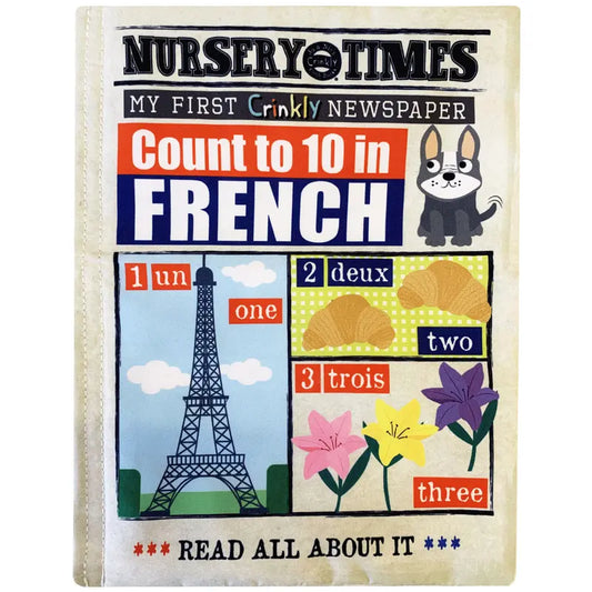 The Crinkly Cloth Book Count To 10 In French is a colorful baby gift showing numbers and words in both French and English, plus fun images like the Eiffel Tower, croissants, and flowers.