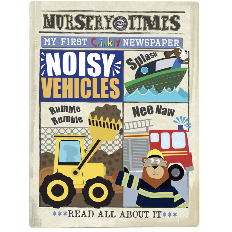 Illustrated cover of "Crinkly Cloth Book Noisy Vehicles" features a dump truck, boat, fire engine, and construction bear, with fun sounds like "Splash" and "Nee Naw." A perfect baby gift!.
