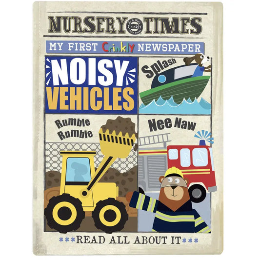 Illustrated cover of "Crinkly Cloth Book Noisy Vehicles" features a dump truck, boat, fire engine, and construction bear, with fun sounds like "Splash" and "Nee Naw." A perfect baby gift!.
