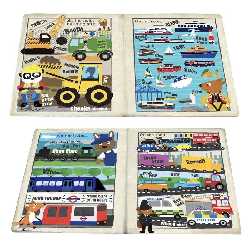 Crinkly Cloth Book Noisy Vehicles is a colorful children’s book featuring animals driving noisy vehicles at various sites, with fun sound words like “crash,” “honk,” and “choo choo”—an ideal engaging, giftable baby cloth book.