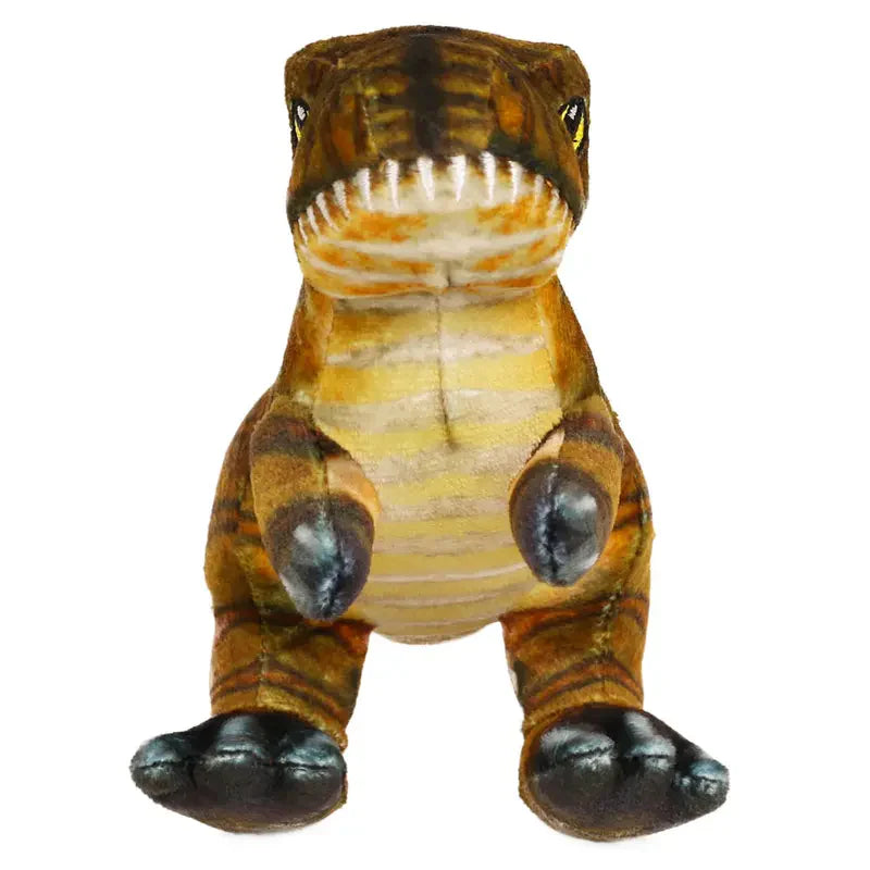 The Natural History Museum Small Tyrannosaurus Soft Toy is a brown and tan plush T. rex with big eyes, white-toothed smile, short arms, and large feet—ideal for dinosaur fans or young paleontologists.