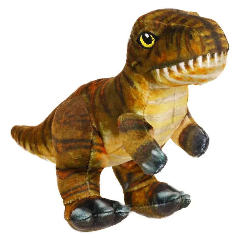 The Natural History Museum Small Tyrannosaurus Soft Toy features brown, orange, and yellow stripes. It stands upright with short arms, big black feet, and a closed mouth showing white teeth.