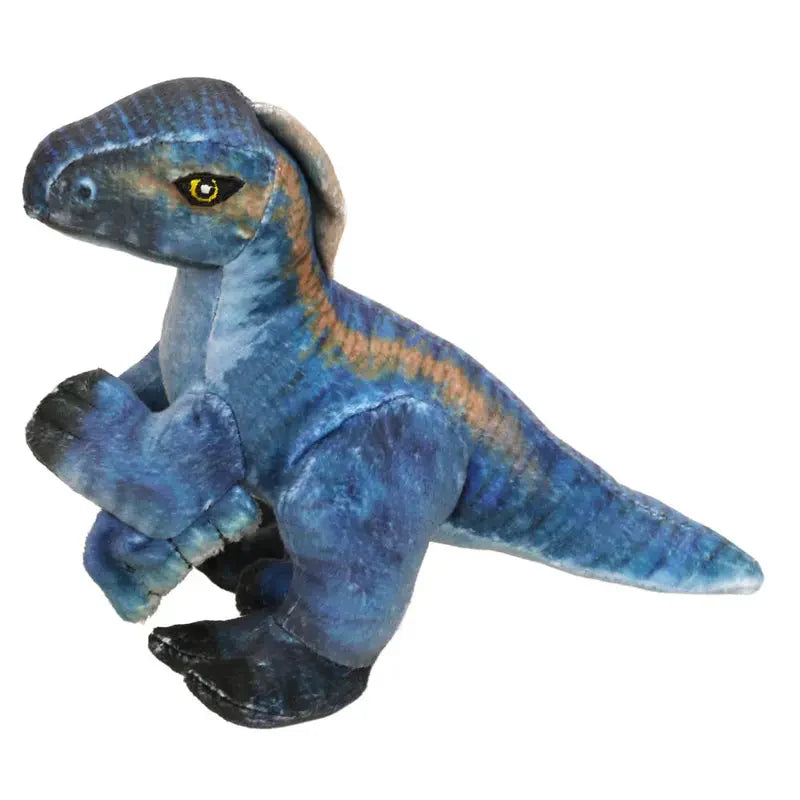 The Natural History Museum Small Velociraptor Soft Toy features a blue and orange design with yellow eyes, standing upright on its hind legs—an adorable dinosaur plush inspired by museum favorites.