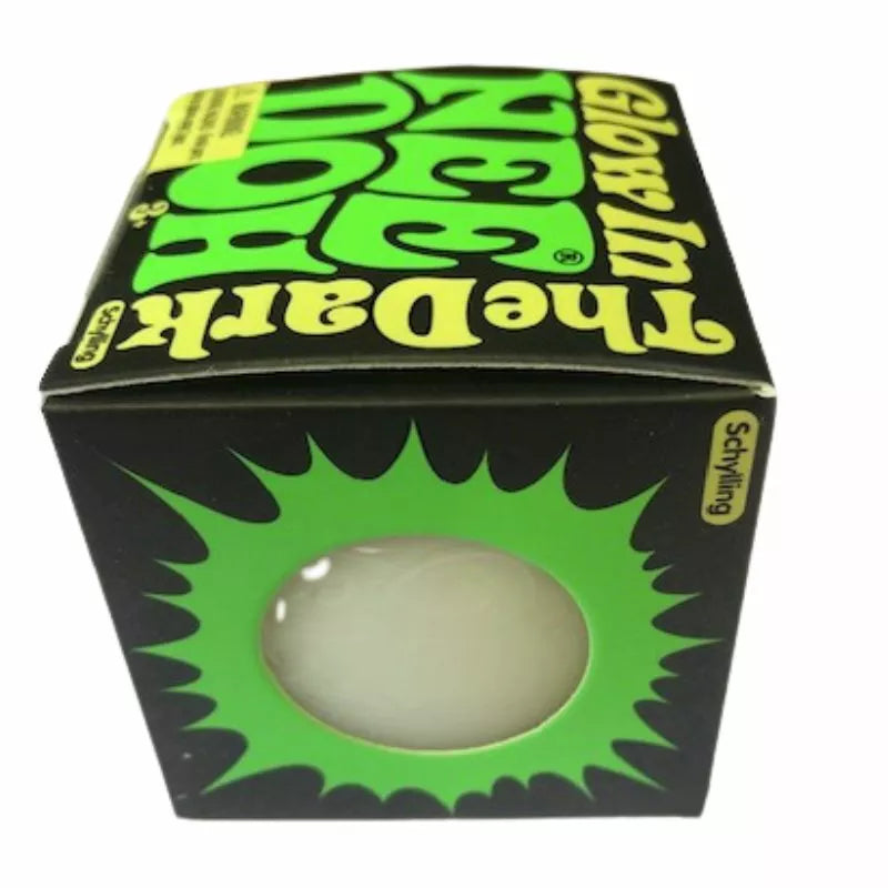 A black and green scrabble apple box displaying bold yellow text and a bright green apple-shaped cutout revealing a white interior, isolated on a white background, now repurposed as a Glow in the Dark Needoh.