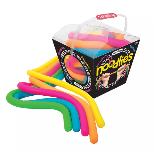 A clear plastic container with a handle, filled with colorful, bendable foam "Noodlies" in pink, orange, yellow, green, and blue by Noodlies Needoh.
