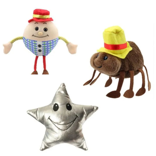 The image shows a Nursery Rhymes Finger Puppets Pack of 3: a Humpty Dumpty doll wearing a red and yellow hat, a toy spider with a similar hat, and a smiling silver star-shaped toy. This charming scene on a plain white background captures the essence of nursery rhymes, perfect for vocabulary building in young children.