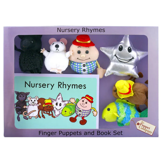 Explore "The Puppet Company Finger Puppet Story Set Nursery Rhymes," a delightful early learning tool in a charming purple box featuring finger puppets: black sheep, white mouse, Humpty Dumpty, silver star, brown cow, and multi-colored fish—an ideal mix of play and education!.