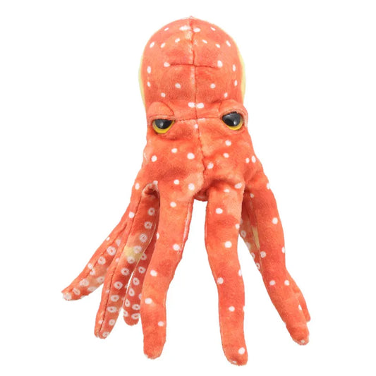 The Puppet Company Finger Puppet Octopus is a whimsical plush toy with an elongated body, eight tentacles, white spots, and large round eyes, perfect for imaginative play.