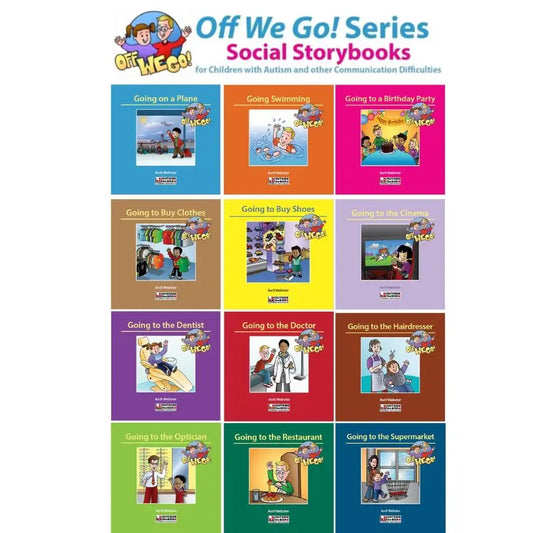 A poster showcases the "Off We Go! Social Storybook Pack of 12," vibrant step-by-step books for children with autism, each covering activities like swimming, visiting the dentist, doctor, supermarket, and more.