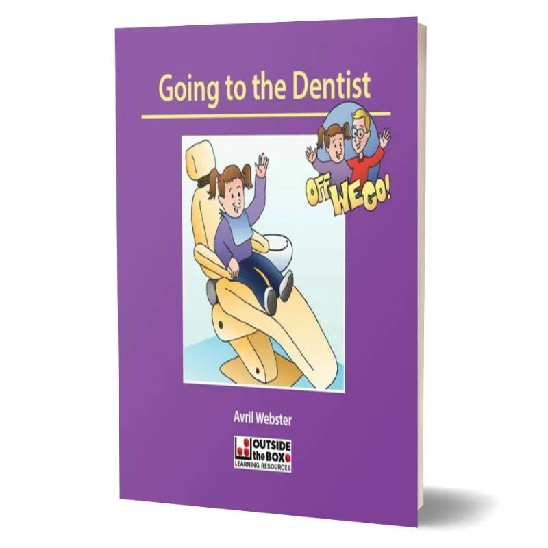 The book cover titled "Off We Go! Social Storybook: Going to the Dentist" by Avril Webster, designed for children with autism, features a purple cover with an illustration of a child in a dentist's chair alongside a smiling adult. The phrase "Off We Go!" is highlighted in a yellow burst. Published by Outside the Box.