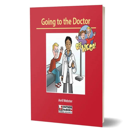 The product "Off we go! Social Storybook: Going to the Doctor" by Avril Webster features a red book cover with an illustration of a doctor in a white coat accompanied by two smiling children. The phrase "Off We Go!" is highlighted in a yellow comic-style bubble. Ideal as a Social Storybook for children with autism, it proudly displays the logo "Outside the Box Learning Resources" at the bottom.