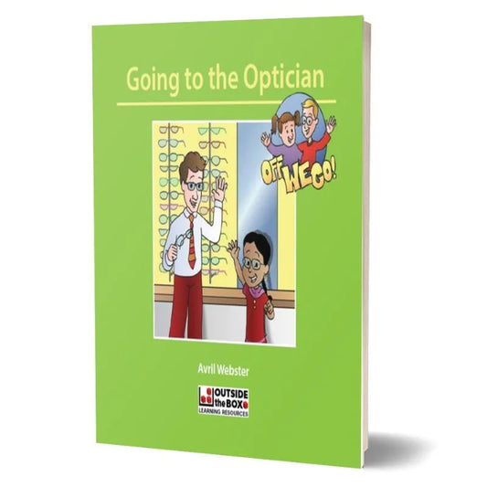 A green book cover titled "Off we go! Social Storybook: Going to the Optician" by Avril Webster. The cover features an illustration of an optician with glasses showing an eye chart to a child. The text "Off we go!" is in the top right corner, and the publisher's logo is at the bottom, marking it as a Social Storybook for children with autism.
