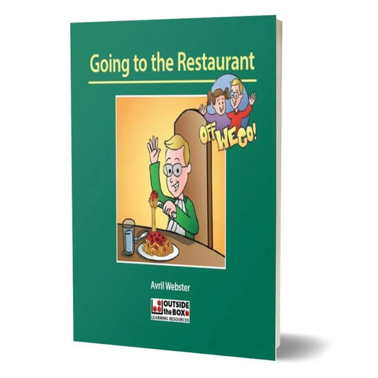 The image shows a green social storybook titled "Off we go! Social Storybook: Going to the Restaurant" by Avril Webster. The cover features an illustration of a boy with glasses eating pasta at a table, with a drink nearby. Ideal for children with autism, this book is recommended by speech and language therapists. The words "Off We Go!" appear in a comic-style font above the boy.