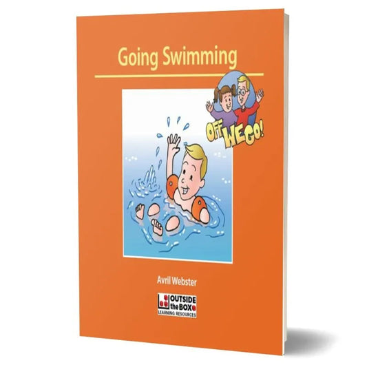 Displayed is the "Off We Go! Social Storybook: Going Swimming" by Avril Webster. The cover is orange and features an illustration of a happy child in a blue pool with water wings, waving. Next to the child, "Off We Go!" is prominently displayed, along with an additional small cartoon image above. This preschool learning book is an excellent autism communication resource.