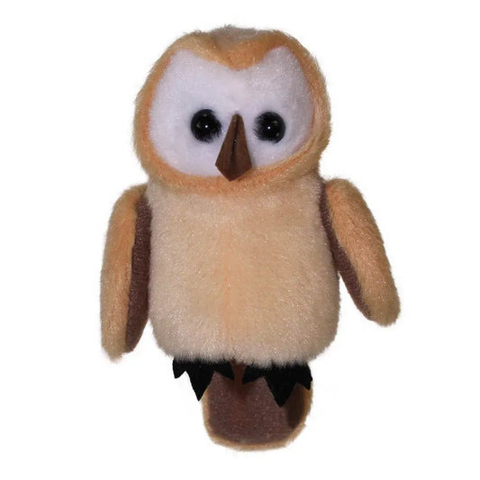 The Puppet Company Barn Owl Finger Puppet, featuring big black eyes and a white face, is perfect for creative play. Its light brown body and small brown beak are crafted for storytelling adventures on a plain white stage. Soft and fluffy, it makes an enchanting companion.