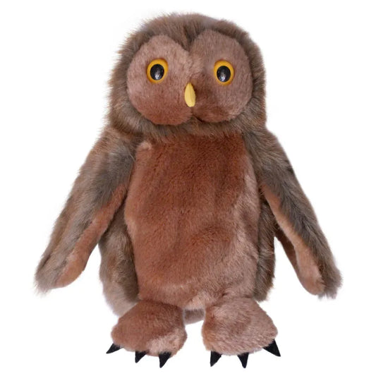 The Puppet Company CarPets Owl Puppet, a brown and tan plush owl with yellow eyes, a yellow beak, and black-tipped feet, sits upright against a plain white background.