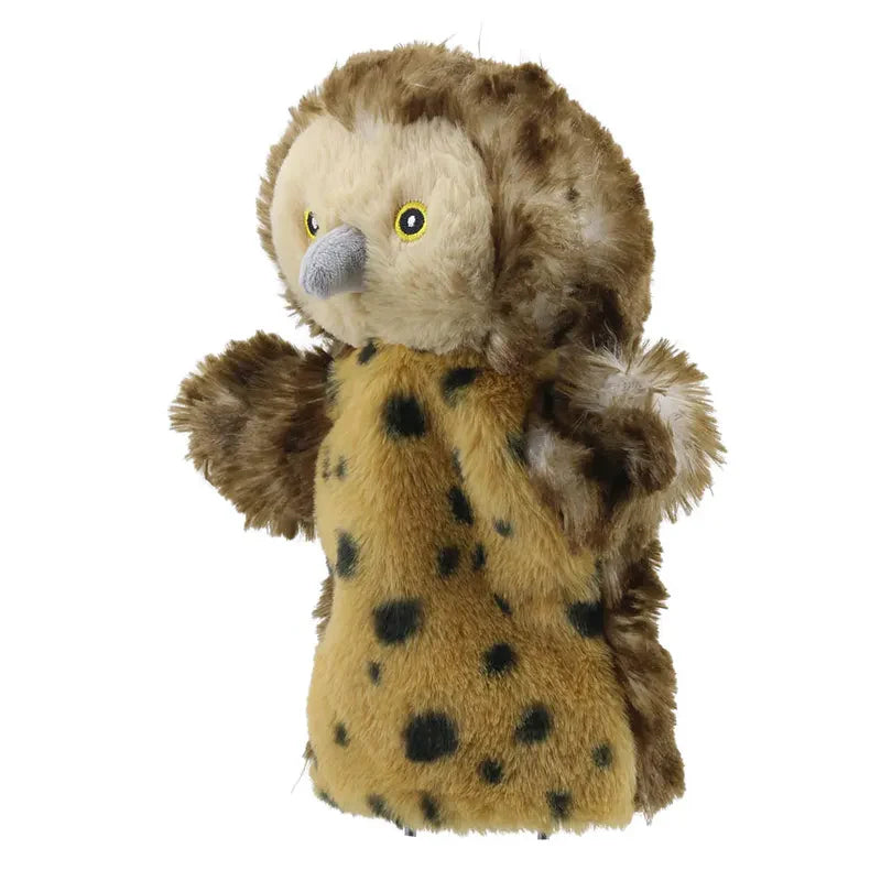 Introducing the ECO Puppet Buddies Owl Hand Puppet, a plush friend with a round head, gray beak, and vibrant yellow eyes. Its tan body is adorned with dark brown spots, while its wings and head are brown and fluffy. Meticulously crafted from recycled materials, this soft and cuddly puppet is perfect for imaginative play.