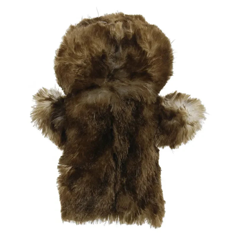 The ECO Puppet Buddies Owl Hand Puppet, featuring a brown, furry exterior with a hood and arm extensions, resembles a small creature or animal suit and is perfect for imaginative play. Displayed against a plain white background, this puppet is made from recycled materials.