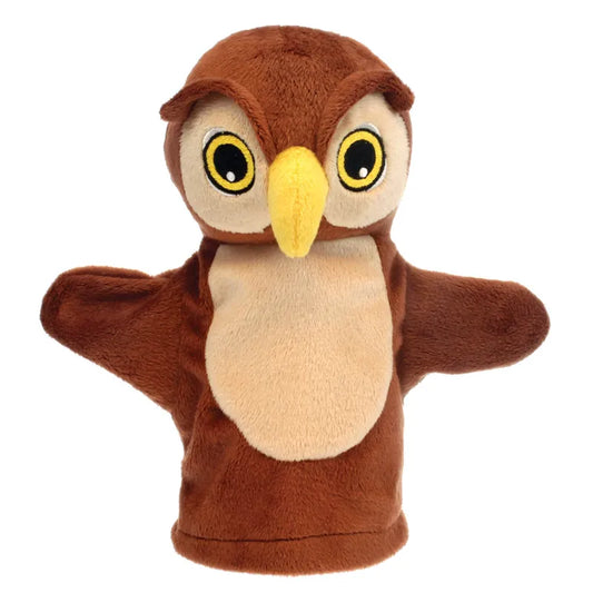 Introducing The Puppet Company My First Puppet Owl: A delightful brown owl puppet featuring big yellow eyes, a prominent beak, outstretched wings, and a beige belly. Perfect for language development and interactive play against a white background.