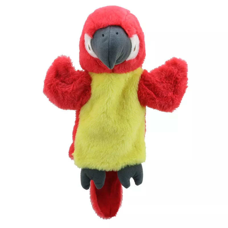 A red and yellow ECO Puppet Buddies Parrot Hand Puppet on a white background.