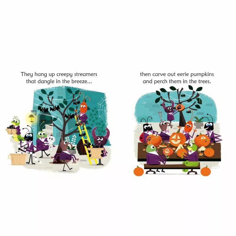 A kids' book, featuring a puppet show with a Spider Queen's Halloween theme, showcases illustrations of a tree and a pumpkin.