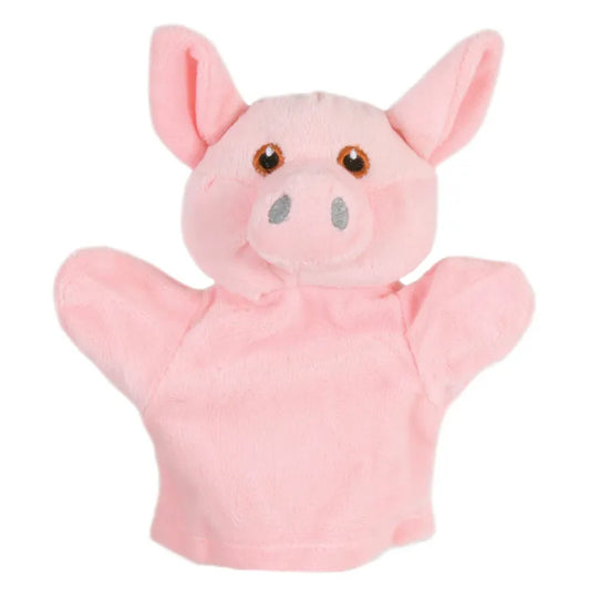 Introducing The Puppet Company My First Puppet Pig, a plush pink pig puppet designed for interactive play. It boasts floppy ears, a stubby snout, embroidered eyes and nostrils, and has outstretched arms ready for fun adventures.