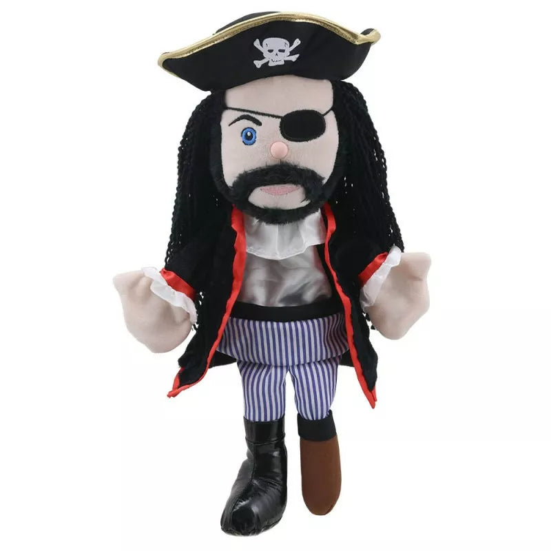 The Pirate Hand Puppet with long hair and a beard is perfect for kids' puppet shows.