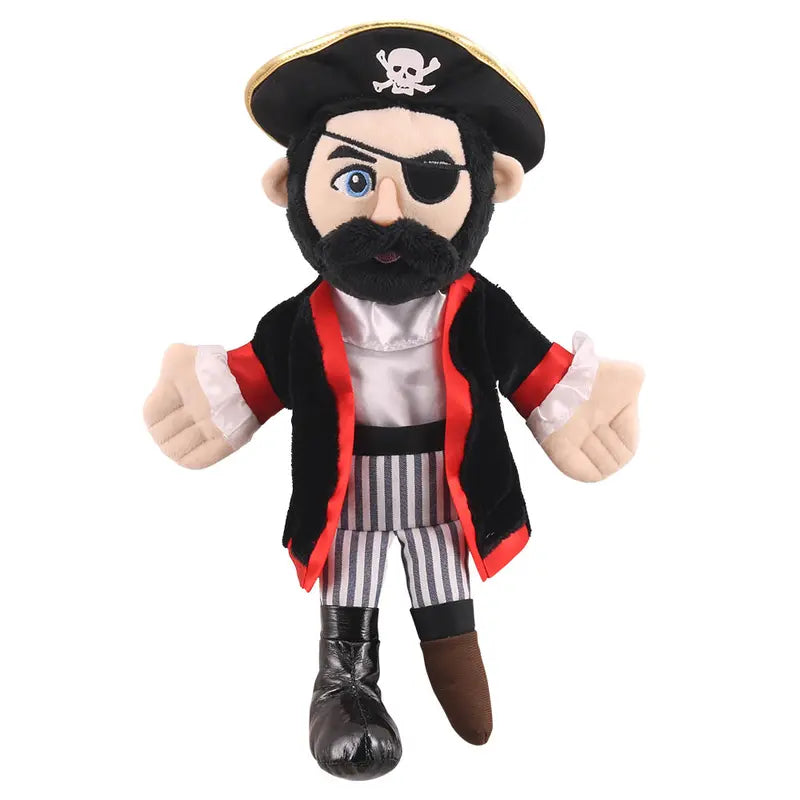 The Puppet Company Hand Puppet Pirate is a plush kids' puppet with a black beard, eye patch, skull-and-crossbones hat, red and black coat, striped pants, black boot, and brown peg leg—ideal for interactive storytelling.