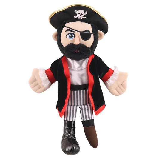 The Puppet Company Hand Puppet Pirate is a plush kids' puppet with a black beard, eye patch, skull-and-crossbones hat, red and black coat, striped pants, black boot, and brown peg leg—ideal for interactive storytelling.