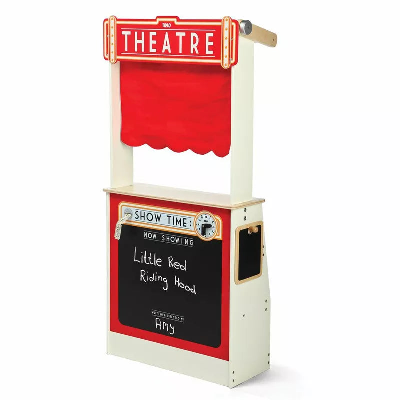 The Tidlo Playshop and Puppet Theatre with FREE Finger Puppets offers role-play fun with a red curtain, a "THEATRE" sign on top, and a chalkboard below for displaying show titles and director names.