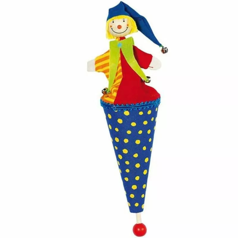 A colorful Pop up Puppet Blue toy with a wooden head, blue hat, yellow smiley face, and a cone-shaped body featuring blue fabric with yellow polka dots.