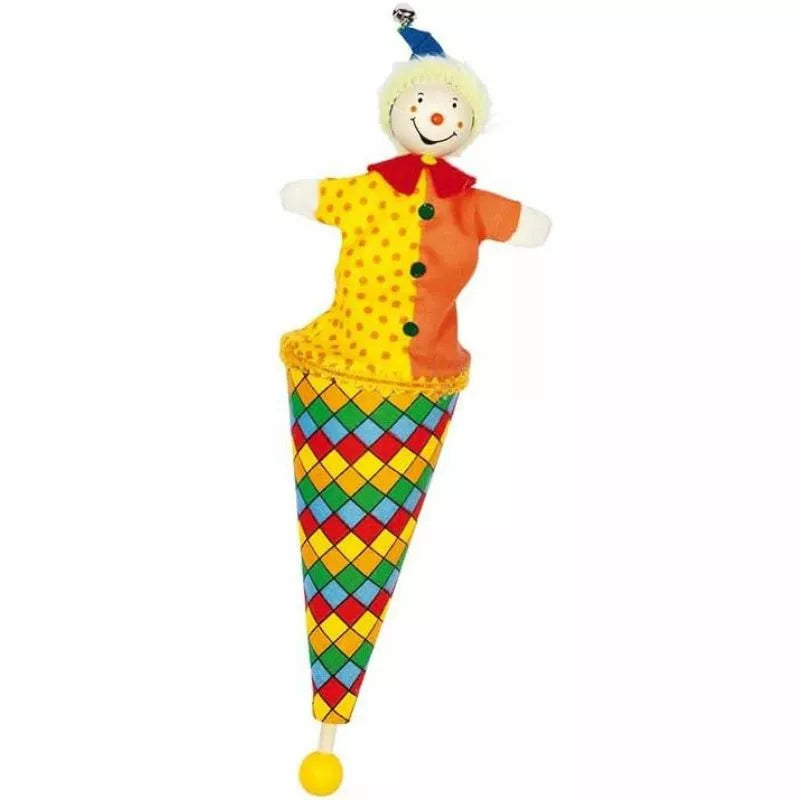 Colorful clown Pop up Puppet Checkered with a smiling face, wearing a yellow shirt, red vest, and multicolored diamond-patterned cone body, hanging by a blue loop with a yellow ball at the.