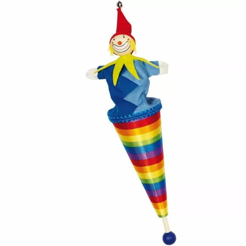 A colorful hanging Pop up Puppet Rainbow decoration featuring a smiling clown face, conical body with rainbow stripes, and dangling blue legs designed as a traditional toy.