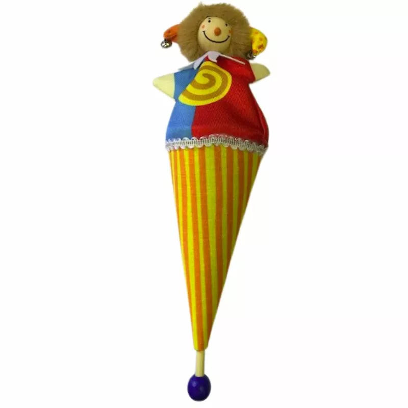 A colorful Pop up Puppet Stripy with a cone-shaped body featuring yellow and red stripes, wearing a red shirt, blue vest, and a jester's hat, smiling with dangling arms and legs.